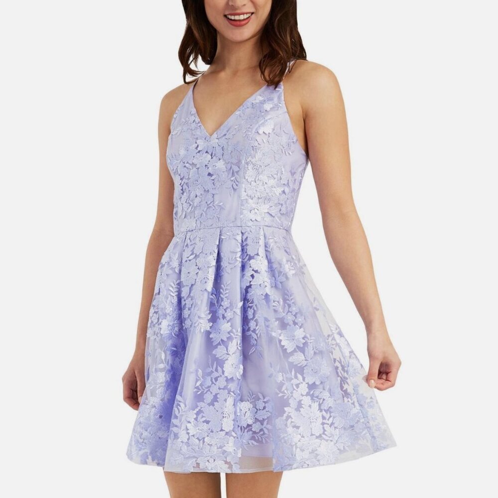 BCX  Embroidered Lined Lavender Nylon Fit & Flare Flocked Mesh Dress Sz 9